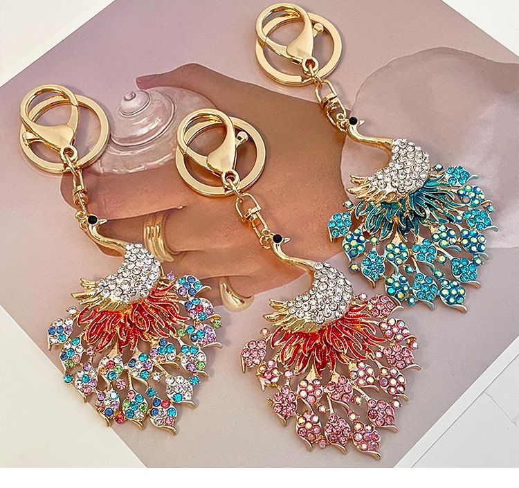 Colorful Luxurious Inlaid Crystal Peacock Car Women's Bag Accessory Keychain Metal Pendant_voghion.com