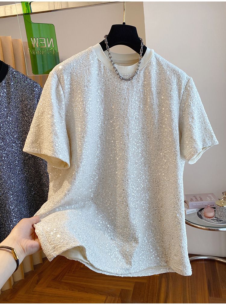 2024 New Loose European Style Sequin Shiny Silk T-Shirt Men's Short Sleeve Unique Chic Design Handsome Top_voghion.com