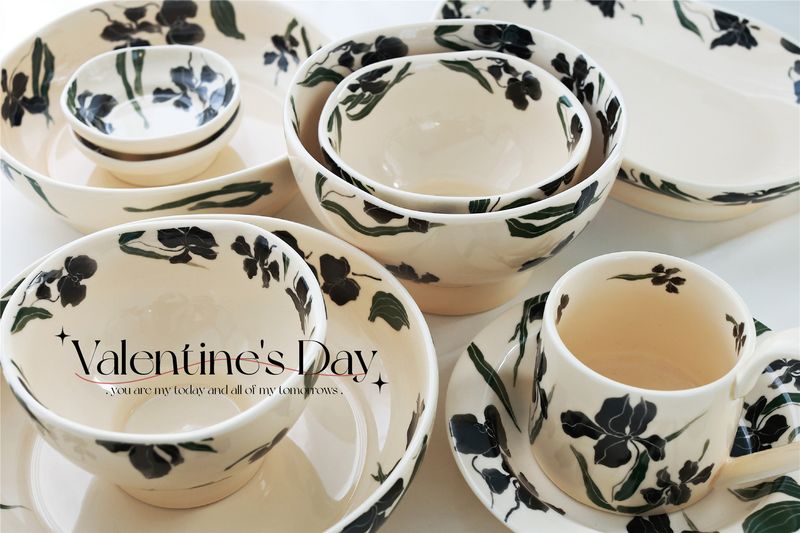Elegante zwarte keramische serviesset met bloemenmotief – 6-delig magnetronbestendig servies met irispatronen – Vintage-geïnspireerde aardewerken kommen en borden_voghion.com
