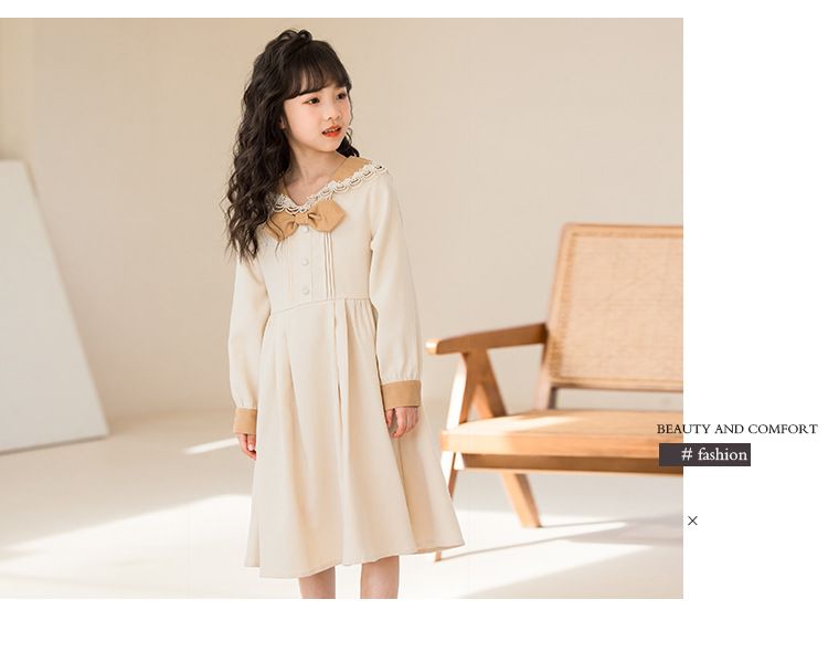 Girls Dress 2023 New Autumn Dress Girls Fashionable Middle and Big Children Lace Bow Tie Long Sleeve Casual Skirt_voghion.com