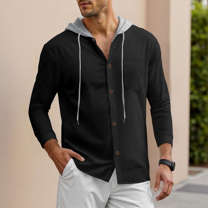 Herrenbekleidung: Herren-Strickjacke mit Waffelstrick, Kapuze, Knopfleiste, langen Ärmeln und Taschen – leichte, lässige Oberbekleidung für alle Jahreszeiten_voghion.com
