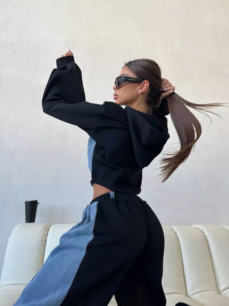 Women's Casual Color Block Hooded Sweater & Wide Leg Pants Set - Long Sleeve Streetwear Outfit For Fall_voghion.com