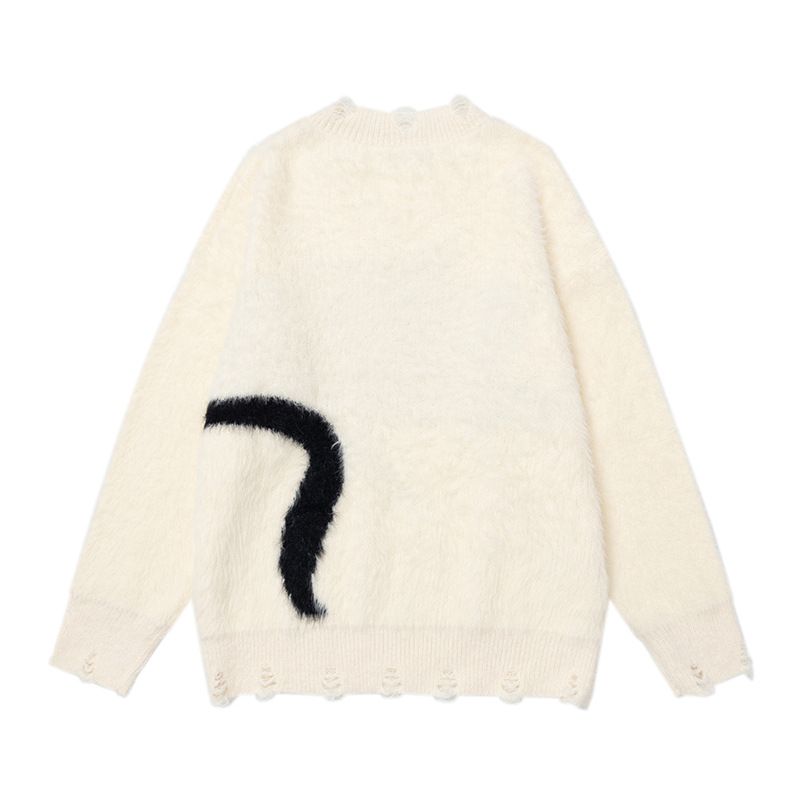 Katzenstickerei Mohair Weicher Rundhalspullover für Männer, Lockere Passform, Herbst Winter, Paar Lazy Stricktop,_voghion.com