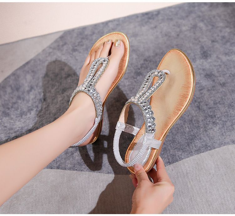 New Bohemian Sandals Round Head Flat Sandals Women's Rhinestone Large Size Women's Sandals_voghion.com