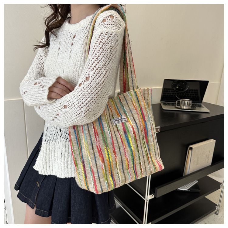 Large Capacity Stripe Handbag 2024 Summer Commuter Fashion Casual Western Style One Shoulder Underarm Tote Bag_voghion.com
