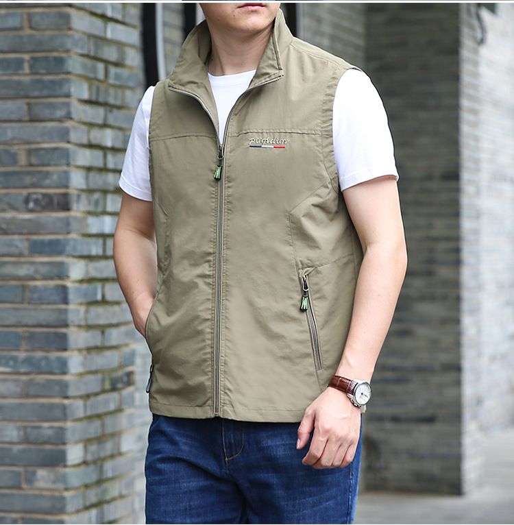 Herrenweste mit mehreren Taschen – leichte, atmungsaktive Arbeitsjacke mit Stehkragen (Khaki/Armeegrün/Marineblau/Schwarz/Hellgrau, M-6XL)_voghion.com