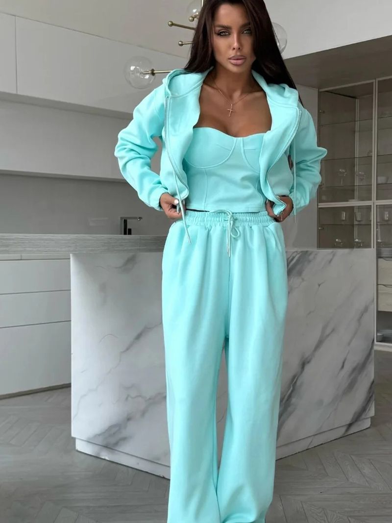 Women's Casual Hoodie Wide-Leg Pants Set - Long Sleeve Zip-Up Sweatshirt & Drawstring Lounge Trousers, Comfortable_voghion.com
