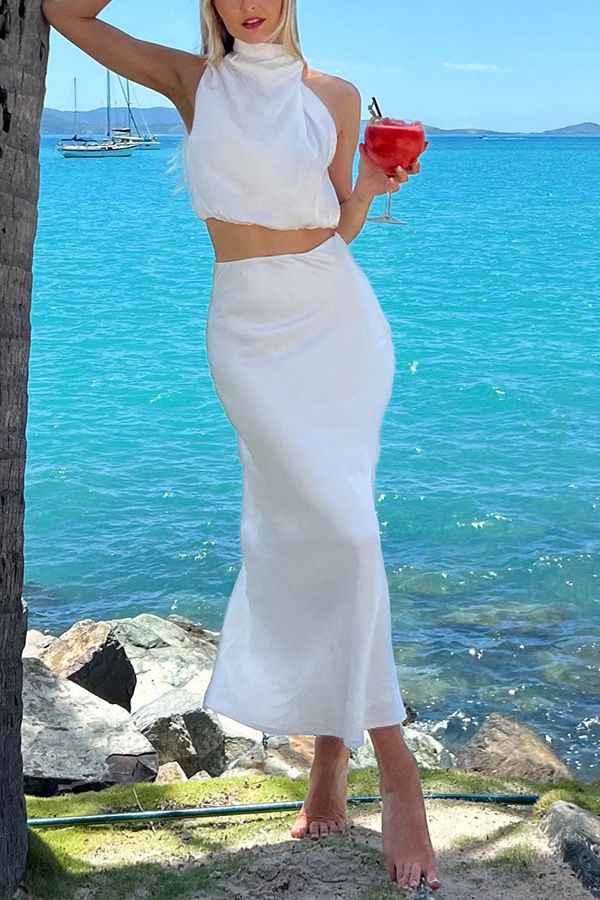 Traje de dos piezas informal ajustado multicolor de satén para mujer, primavera y verano_voghion.com