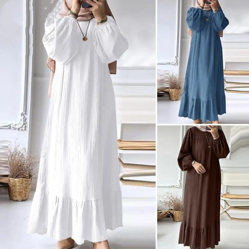 Abito Abaya musulmano a maniche lunghe con scollo a O alla moda da donna. Abito estivo con orlo arricciato solido_voghion.com