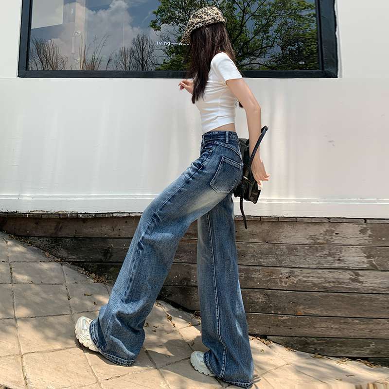 Heavy Craftsmanship Cat Whiskers Washed American Style Jeans Floor-Length Loose Straight-Leg Slightly Flared Long Pants_voghion.com