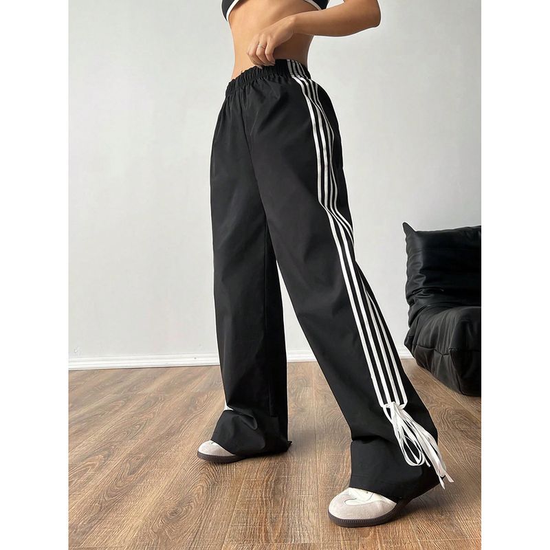 Women's High Waist Casual Jogger Pants With Contrast Stripes - Loose Fit Wide Leg Lounge Pants For Spring, Comfortable Polyester Trousers_voghion.com