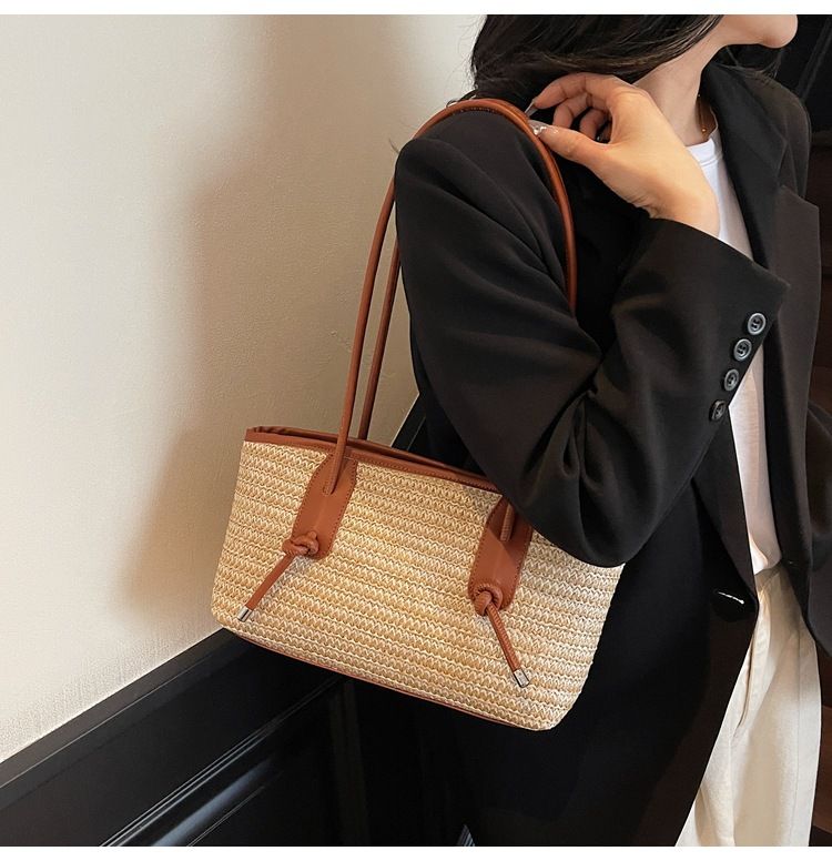 Damentaschen, Strohgewebte Tasche für Damen, Nischendesign, gewebte Tasche, große Kapazität, Pendler-Einkaufstasche, Tragetasche, Strandtasche_voghion.com