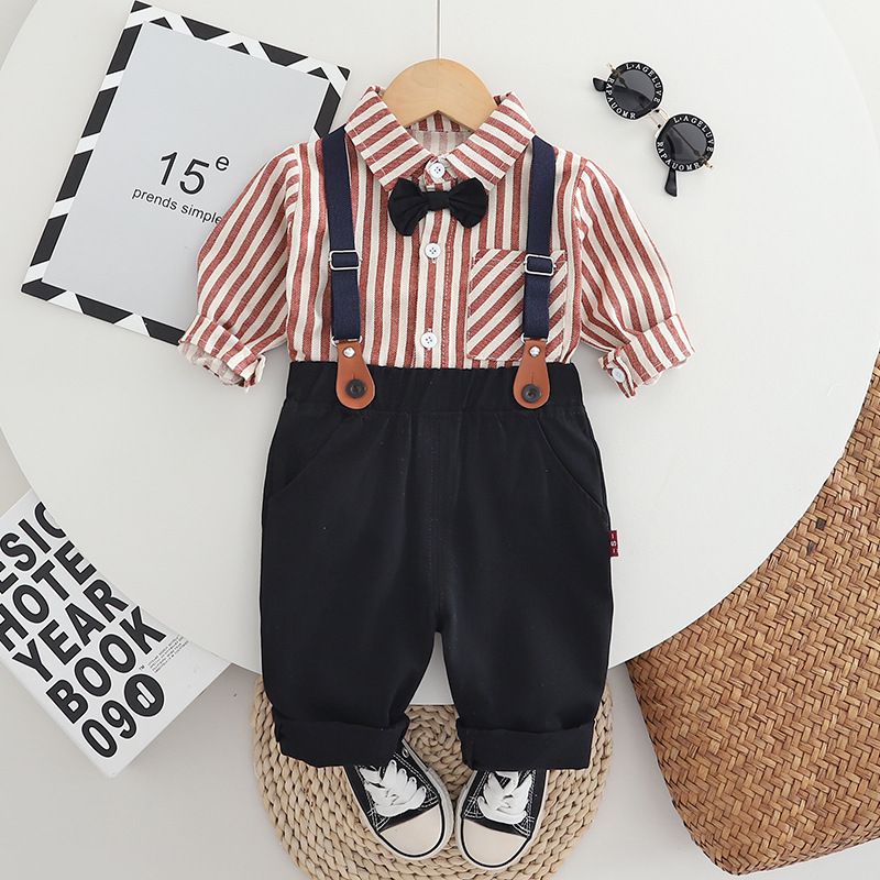 Bellissimo set primaverile per bambini, vestito da spettacolo con camicia a righe verticali e spalline, per bambini di età compresa tra 1 e 2 anni_voghion.com