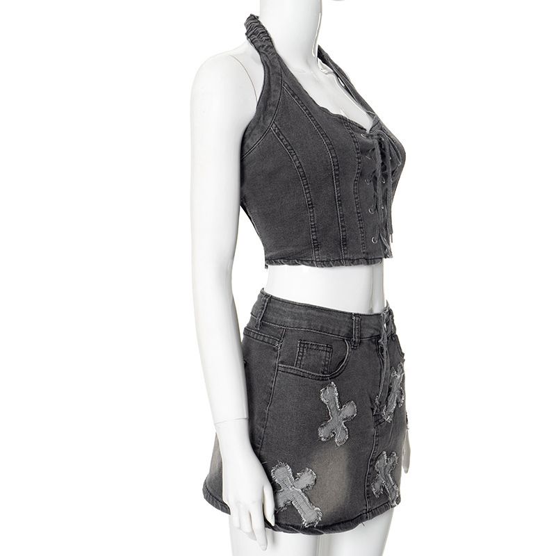 Completo estivo da donna con gonna in denim, nuovo design alla moda, con ricamo incrociato, casual, elasticizzato, in due pezzi_voghion.com