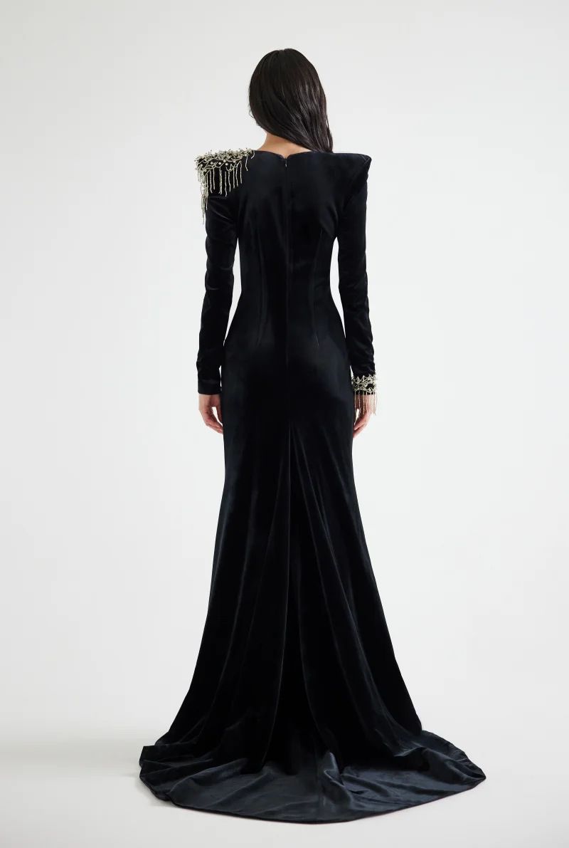 Hochwertiges Abendkleid aus Sternenserie mit Perlen besetztem Acetat-Samt und kleiner Schleppe für Damen_voghion.com