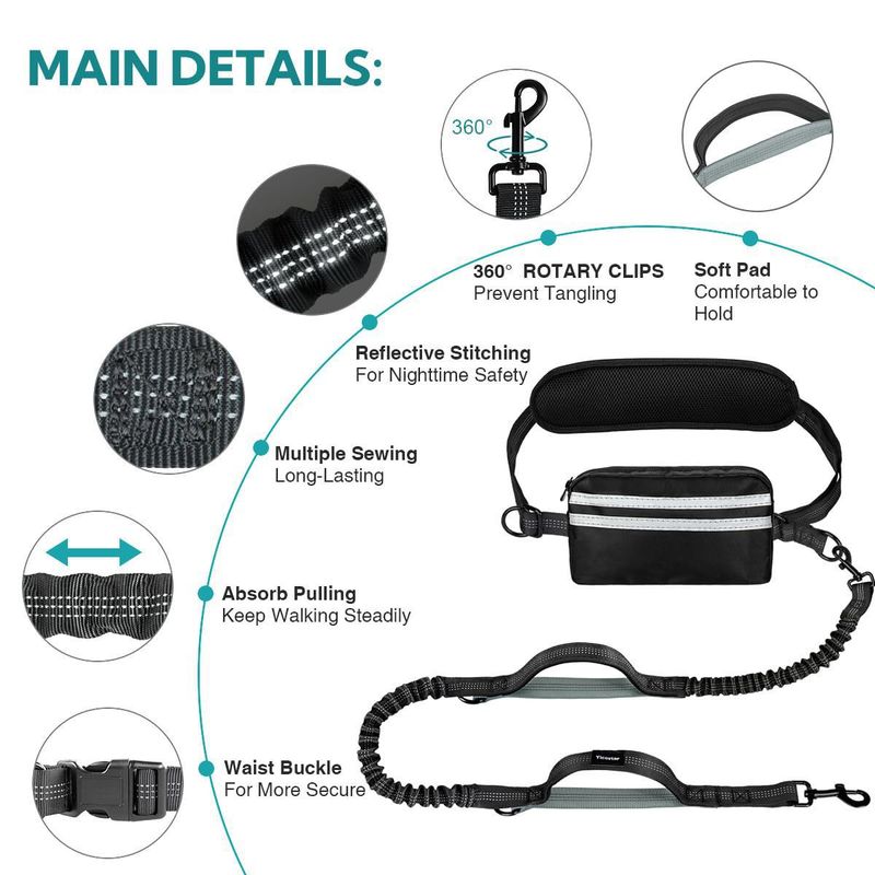 Taška na vodítko pro psy Hands Free s dvojitým popruhem pro dva psy - elastický popruh s dvojitým polstrováním pro ruce_voghion.com