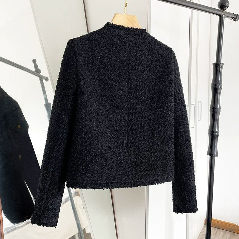 Giacca corta nera in stile 2024, nuova primavera autunno, elegante e sottile, in tweed, a maniche lunghe, per donna_voghion.com