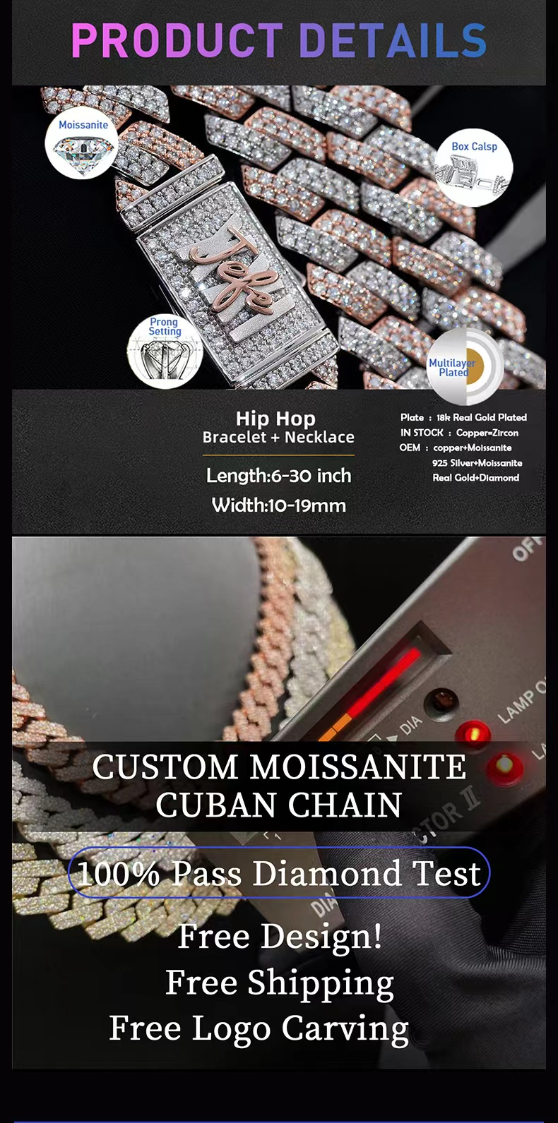 Stoc personalizat Iced Out VVS Moissanite Brățară Sier Bling CZ Diamond Lanț cu legături cubaneze Hip Hop Bijuterii pentru bărbați Colier_voghion.com