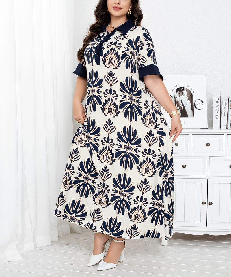 Elegant Plus Size Floral Print Shirt Dress – A-Line Midi Length, Breathable Polyester, Button Detail For Work & Vacation (0XL-4XL_voghion.com