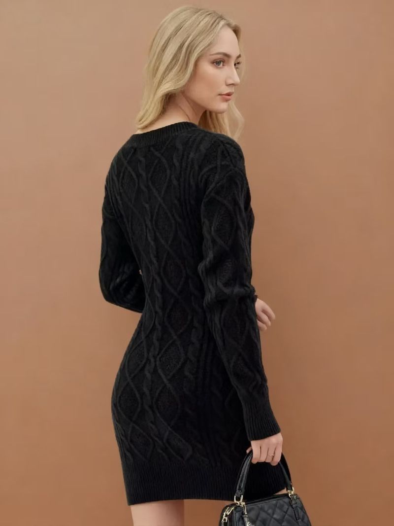 Vestito casual da donna in maglia a trecce, in tinta unita, con scollo a V, di media lunghezza, autunno inverno 2025_voghion.com