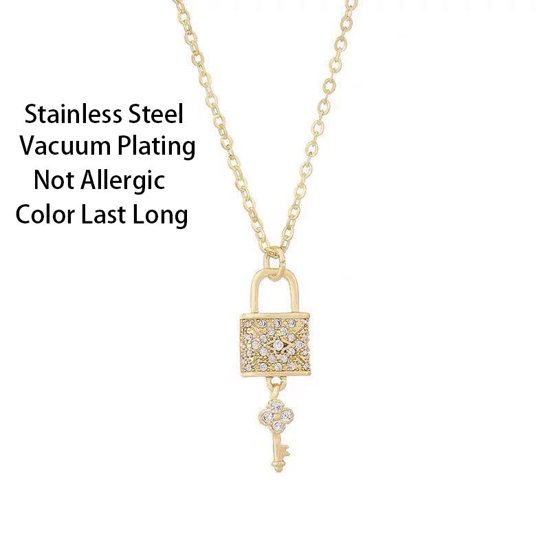2025 New Arrivals New Design Sense Light Zircon Crystal Lock Key Pendant Stainless Steel Necklaces For Women Sexy Party Neck Chain Jewelry_voghion.com