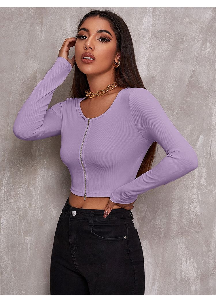 Cardigan corto aderente e sexy in maglia con cerniera, maglietta a maniche lunghe, primavera 2023 da donna_voghion.com