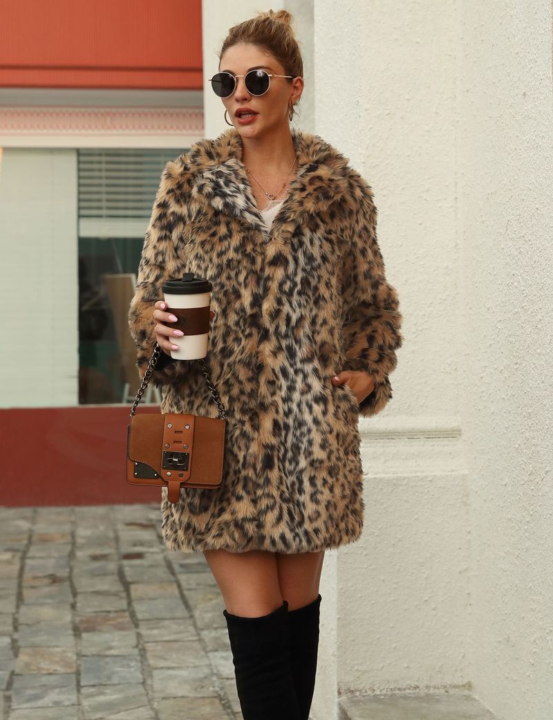 Women’s Long Leopard Print Faux Fur Coat – Suit Collar Plush Jacket, Winter Warm & Stylish_voghion.com