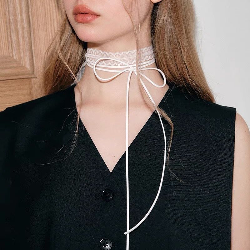 Collana girocollo con nastro per clavicola, dolce e versatile, con design a strati, stile balletto, con pizzo e rifiniture a più strati._voghion.com