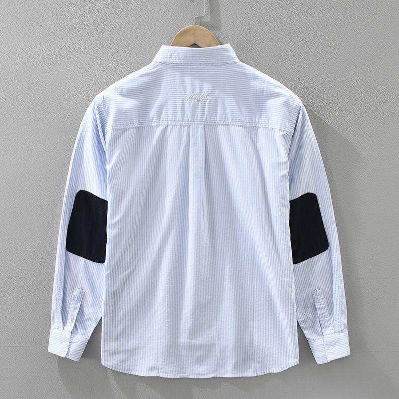 Fresh Striped Color Blocked Long Sleeved Shirt For Men, Versatile And Artistic Casual Loose Top_voghion.com