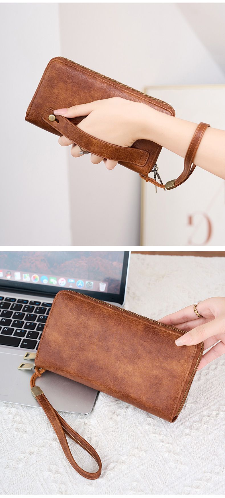 Herren-Geldbörse mit RFID-Schutz, Business-Geldbörse für Herren, modische Geldbörse mit Doppelreißverschluss, lange Geldbörse im Retro-Stil, große Kapazität, Damen-Clutch._voghion.com