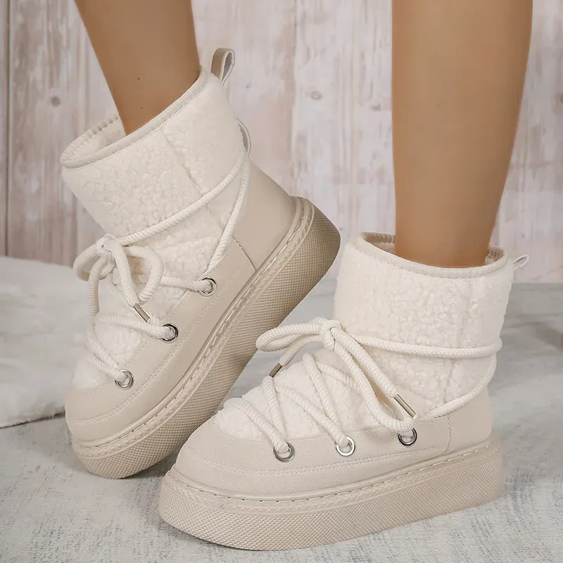 Scarpe da sci invernali da donna in pelle scamosciata con lacci, calde e imbottite, per il tempo libero, in lana sintetica, con plateau, 2024_voghion.com