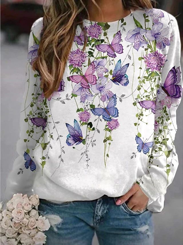 Felpa con cappuccio a maniche lunghe con stampa floreale e paesaggio da donna 2022_voghion.com
