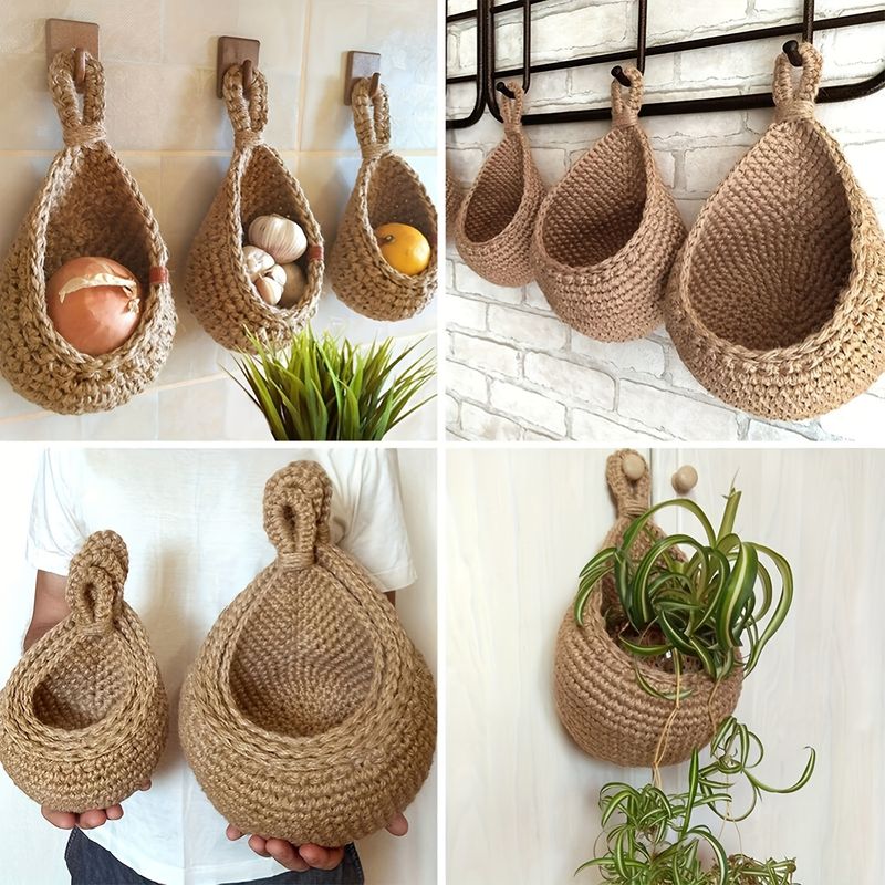 Ensemble de 3 paniers bohèmes chics en corde de coton et lin tissés à la main avec crochets, idéal pour suspendre fruits, légumes et plantes._voghion.com
