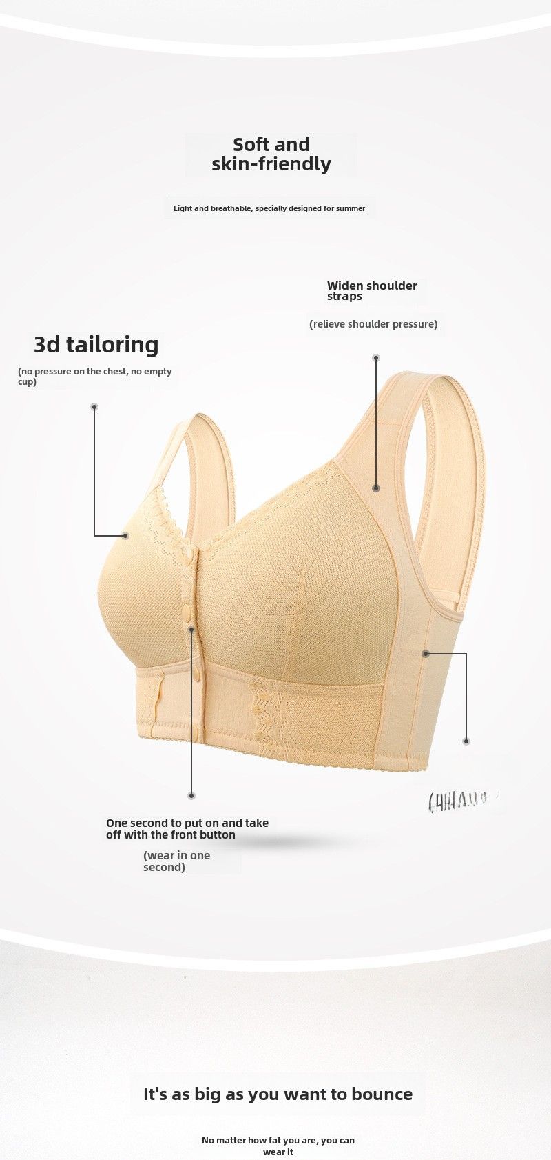 Prekogranično donje rublje s prednjom kopčom za žene, mekani pamučni grudnjak u stilu prsluka za srednje i starije osobe, kolekcija grudi plus size bežično donje rublje za žene_voghion.com