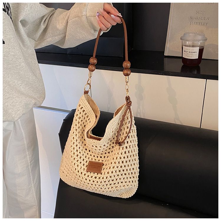 Borsa di paglia intrecciata, borsa in stile festivo, borsa a tracolla in maglia cava alla moda da donna, borsa tote da pendolare di grande capacità_voghion.com