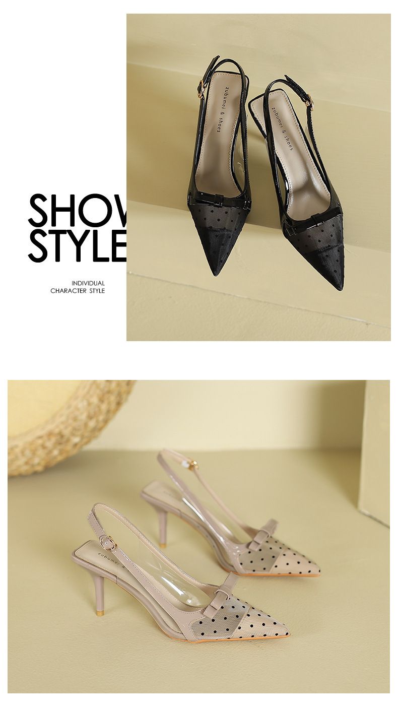 733-8 Scarpe con tacco a spillo a punta senza schienale e fiocco in vera pelle a pois per donna, stile francese, comode, singole_voghion.com