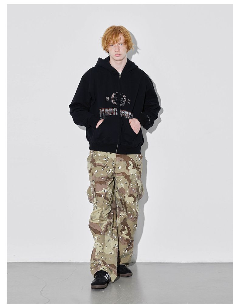 Vintage pound vintage outlets do old effect print loose zip hoodie per uomo nuovo autunno e inverno_voghion.com