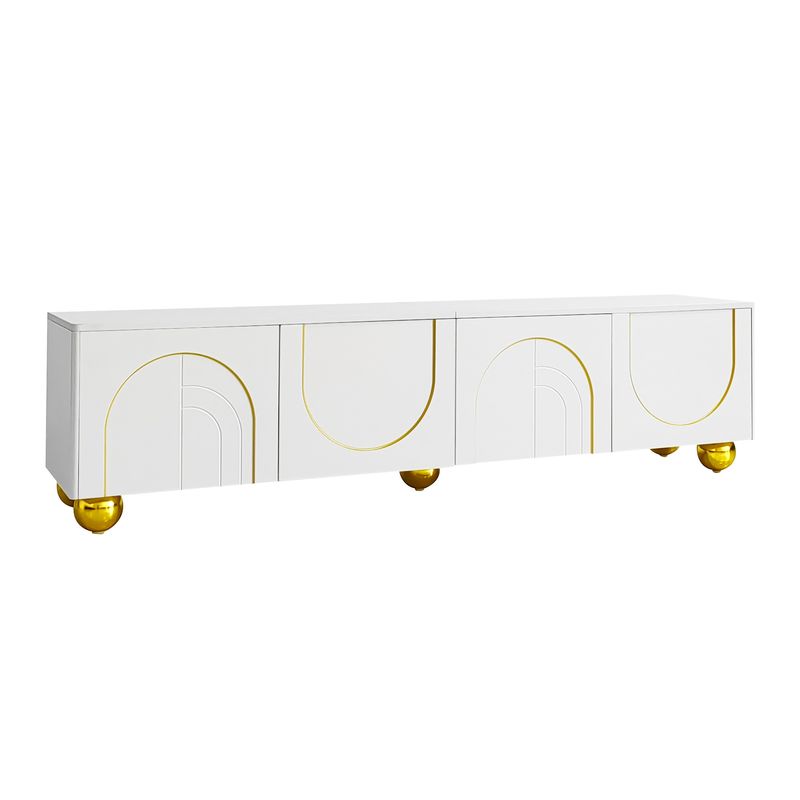 Meuble TV avec portes structurées, décorations dorées et pieds ronds, étagères réglables incluses, ouverture par pression_voghion.com