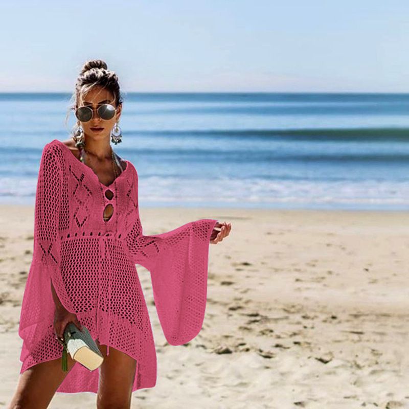 Unregelmäßiger tiefer V-Ausschnitt für Damen, sexy, ausgehöhlt, gewebt, Strandkleid, Überzug_voghion.com