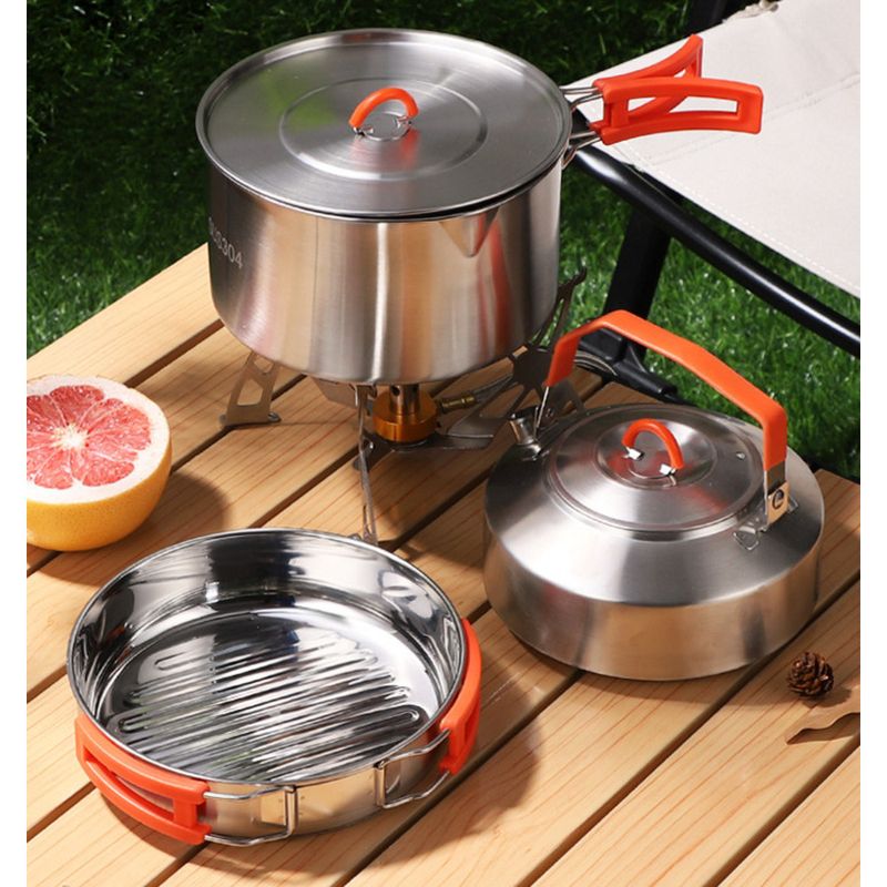 Set de gătit pentru camping din oțel inoxidabil 304, set de trei piese pentru supă, tigaie pliabilă_voghion.com