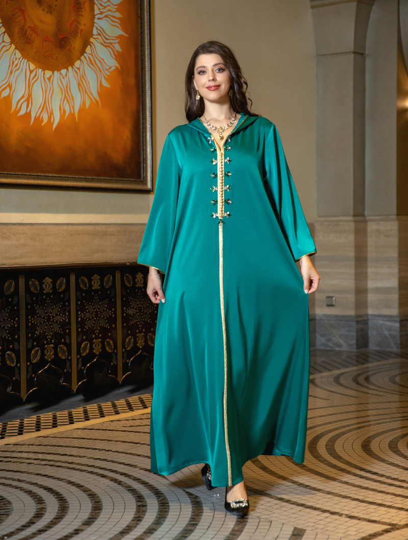 Vestido muçulmano feminino de cetim com contas abaya Dubai leve vestido de noite étnico luxuoso_voghion.com
