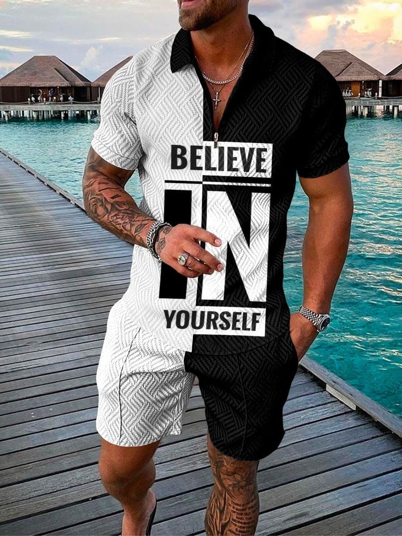 Sommarnya herrset kortärmad pikétröja+shorts Casual sportskjorta_voghion.com