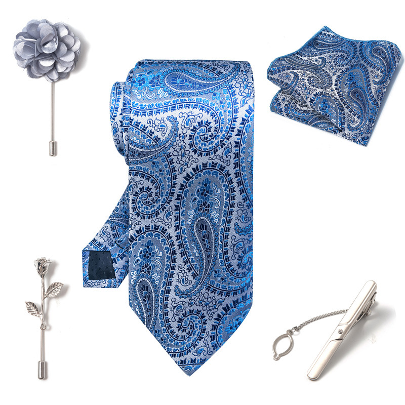 Set da uomo alla moda in tinta unita a righe con anacardi, confezione regalo da 6 pezzi, set con corsetto con fermacravatta e sciarpa quadrata_voghion.com