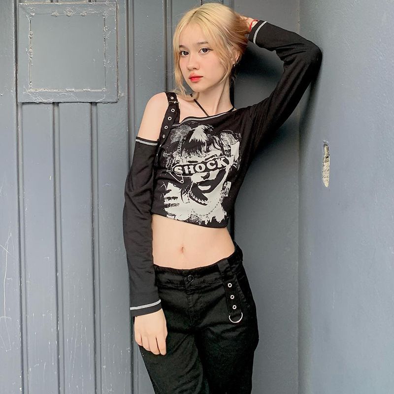 M22TP5482024 Haut imprimé Ceinture Boucle Sangle Épaule diagonale Un seul côté Manches 7/4 Vêtements pour femmes_voghion.com