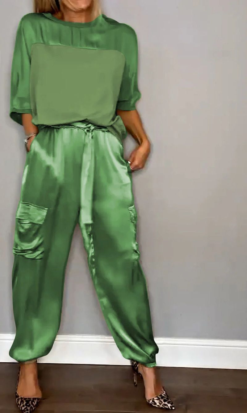 Women's Clothing Fashion Women's Smooth Satin Half sleeved Top and Pants Set Two piece Set_voghion.com