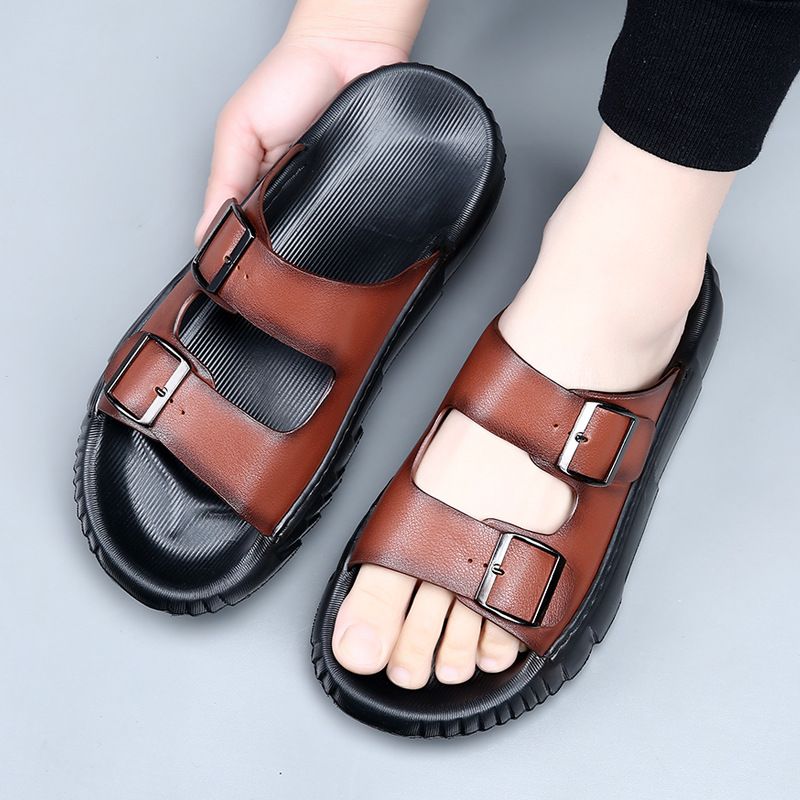 Top Layer Cowhide Men In Summer, Outdoor Beach Shoes Indoor Anti Slip High-end Cool Slippers For Men, Trendy_voghion.com