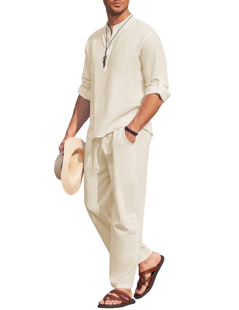 Îmbrăcăminte bărbătească de toamnă Produse noi Cămașă cu mânecă lungă din bumbac și in, culoare solidă, casual, costum de trend_voghion.com