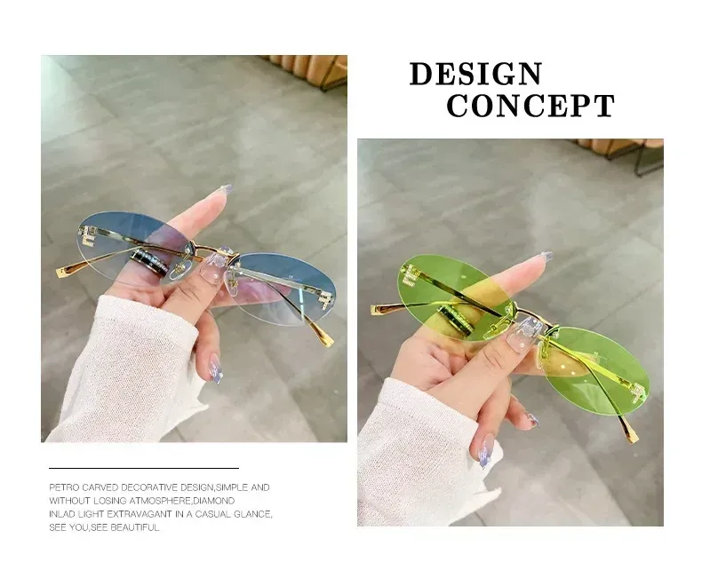 Moda 2024 Cat Eye Donna Outdoor Shopping Occhiali da guida senza montatura Retro Breve Ovale Occhiali da sole Okulos_voghion.com