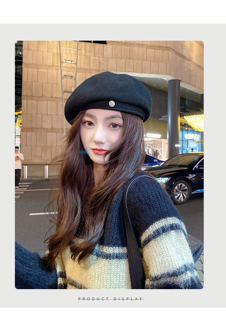 Autumn Berets, Round Emblem, Temperament, Wool Hat, Female Face, Small Autumn Winter High-quality, Elegant And Warm_voghion.com