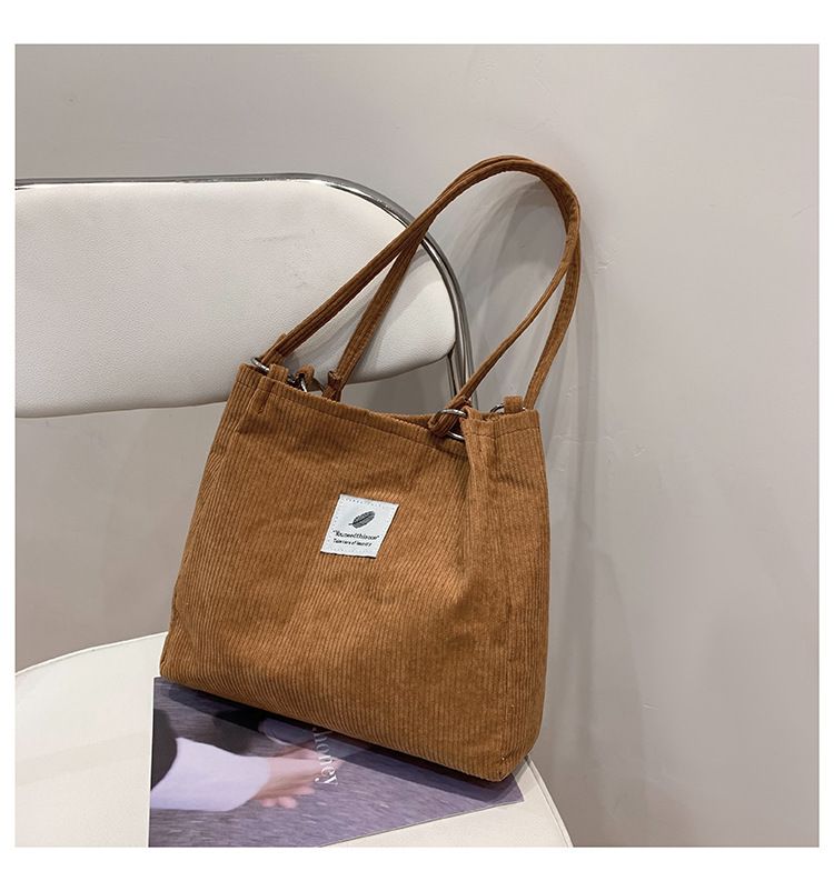 Canvas Bag Women's One-shoulder Korean-style ins Vintage Simple Artistic Corduroy Laid-back Style Large Capacity Portable Shopping Bag_voghion.com